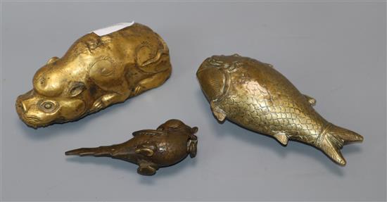 A Tibetan gilt metal pig and two Indian bronze figures